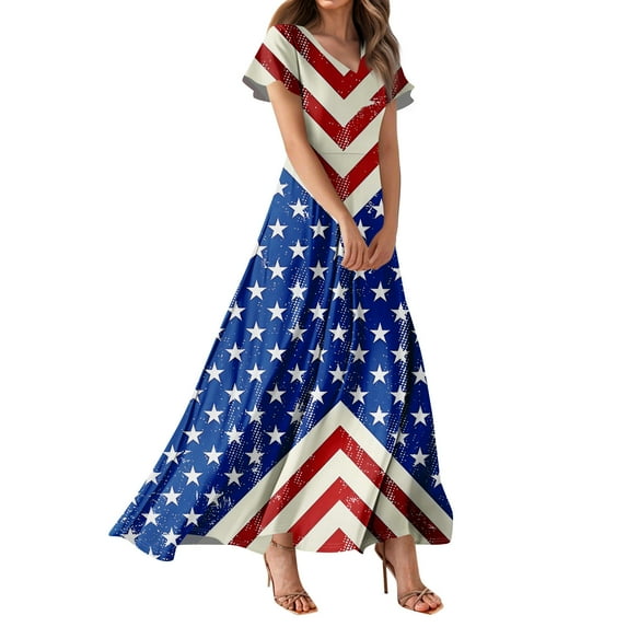 Women's 4th of July Patriotic Dress, Women Sexy V-Neck Short Sleeve High Waist Dress, Independence Day Flag Print, Retro Style Tunic for Summer Beachwear,Blue L