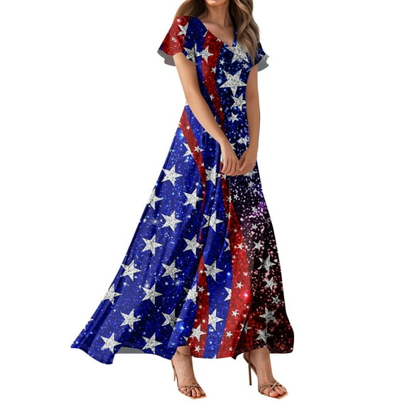 Women's 4th of July Patriotic Dress, Women Sexy V-Neck Short Sleeve High Waist Dress, Independence Day Flag Print, Retro Style Tunic for Summer Beachwear,Sky Blue 2XL