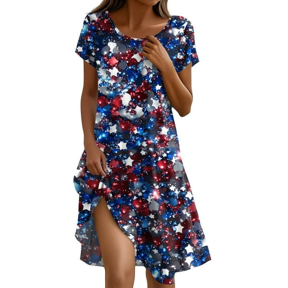 Women's 4th of July Patriotic Dress, Women Short Sleeve Boho American Flag Printed Summer Sundress, Independence Day Theme Round Neck Tunic for Beachwear,Blue L