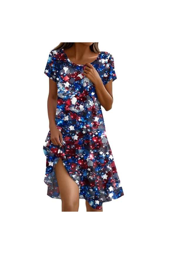 Women's 4th of July Patriotic Dress, Women Short Sleeve Boho American Flag Printed Summer Sundress, Independence Day Theme Round Neck Tunic for Beachwear,Blue 2XL