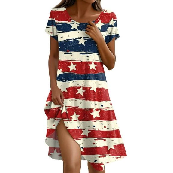 Women's 4th of July Patriotic Dress, Women Short Sleeve Boho American Flag Printed Summer Sundress, Independence Day Theme Round Neck Tunic for Beachwear,Deep Red L