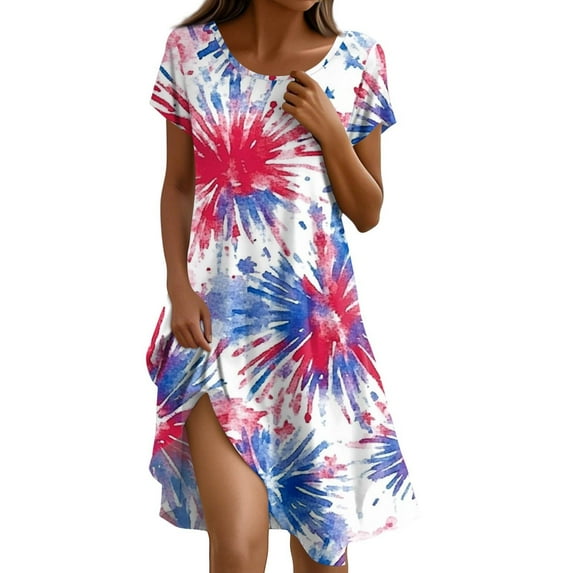 Women's 4th of July Patriotic Dress, Women Short Sleeve Boho American Flag Printed Summer Sundress, Independence Day Theme Round Neck Tunic for Beachwear,Vermilion 2XL