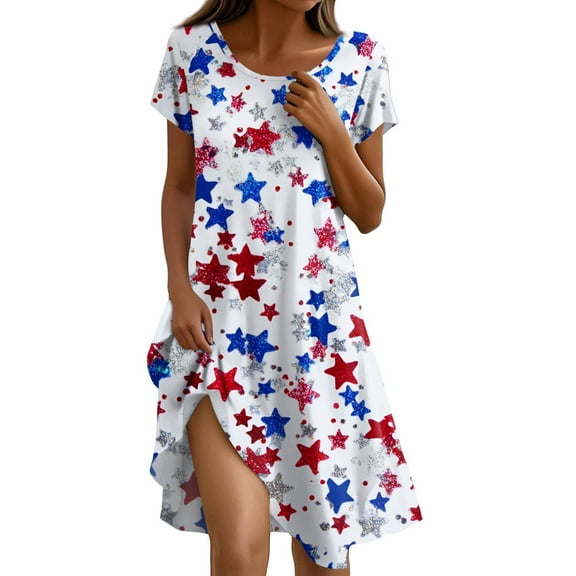 Women's 4th of July Patriotic Dress, Women Short Sleeve Boho American Flag Printed Summer Sundress, Independence Day Theme Round Neck Tunic for Beachwear,Wine S