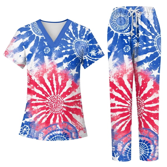 Women’s 4th of July Scrub Set, 250th Anniversary USA V-Neck Short Sleeve Top & Jogger Pants, Quick Dry Medical Uniform with Pockets for Nurses 02-Hot Pink S