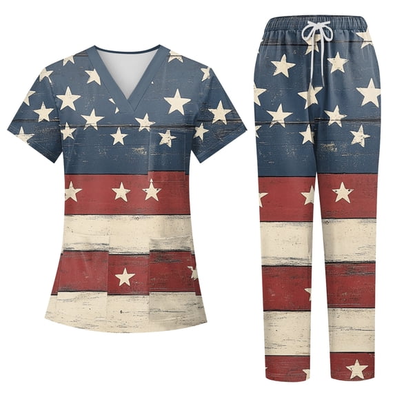 Women’s 4th of July Scrub Set, 250th Anniversary USA V-Neck Short Sleeve Top & Jogger Pants, Quick Dry Medical Uniform with Pockets for Nurses 02-Navy M