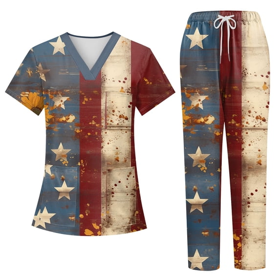 Women’s 4th of July Scrub Set, 250th Anniversary USA V-Neck Short Sleeve Top & Jogger Pants, Quick Dry Medical Uniform with Pockets for Nurses 02-Wine M