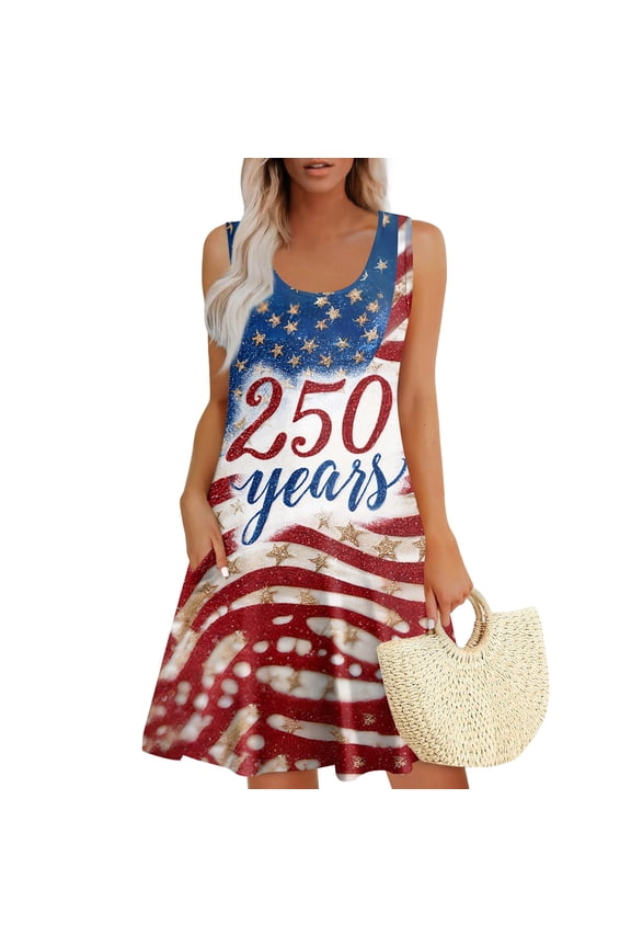 Women's 4th of July 250 Years Independence Day Dress U Neck Sleeveless Patriotic Print Casual Loose Fit Lightweight Summer Dress with Pockets Red L
