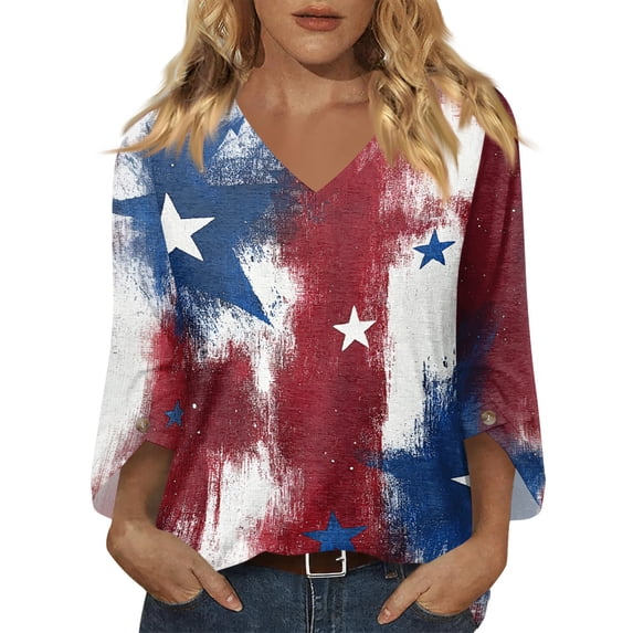 Women's 4th of July 3/4 Length Sleeve Tops, V Neck Blouses with Button Cuffs American Flag Baggy Summer Business Casual Office Outfits
