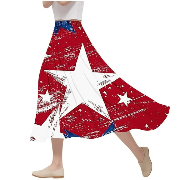 Women's 4th of July American Flag Maxi Skirt – High Waist A-Line Ruched Dress with Stars & Stripes Print, Summer 2025 Casual Party Skirt