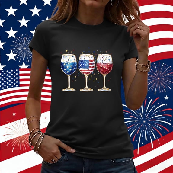 Women's 4th of July Graphic Tees Patriotic American Flag Wine Glass Shirts Casual Short Sleeve Summer Tops Independence Day Vacation Novelty Clothing