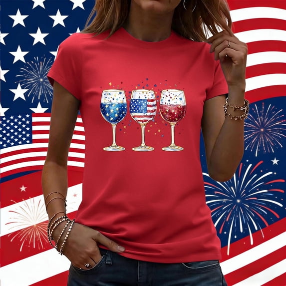 Women's 4th of July Graphic Tees Patriotic American Flag Wine Glass Shirts Casual Short Sleeve Summer Tops Independence Day Vacation Novelty Clothing