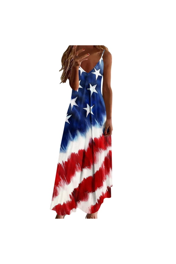 Women's 4th of July Maxi Dress Patriotic USA Flags Star Print V Neck Sleeveless Spaghetti Strap Long Dress for Outfits and Celebrations