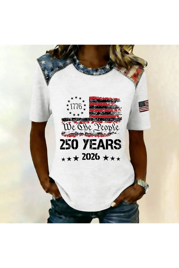 Women's 4th of July Patchwork T-Shirts, Casual 250 Anniversary USA Printed Blouse, Fashion Comfy Short Sleeve Tops