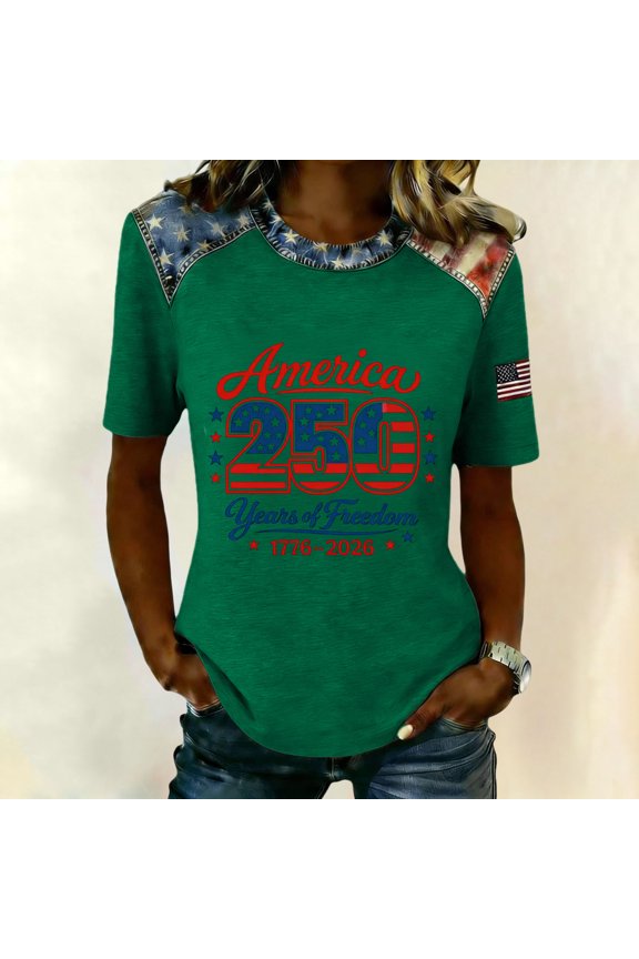 Women's 4th of July Patchwork Tops, 250 Anniversary USA Printed Blouse, Fashion Comfy Short Sleeve Basic T-shirt for Womens