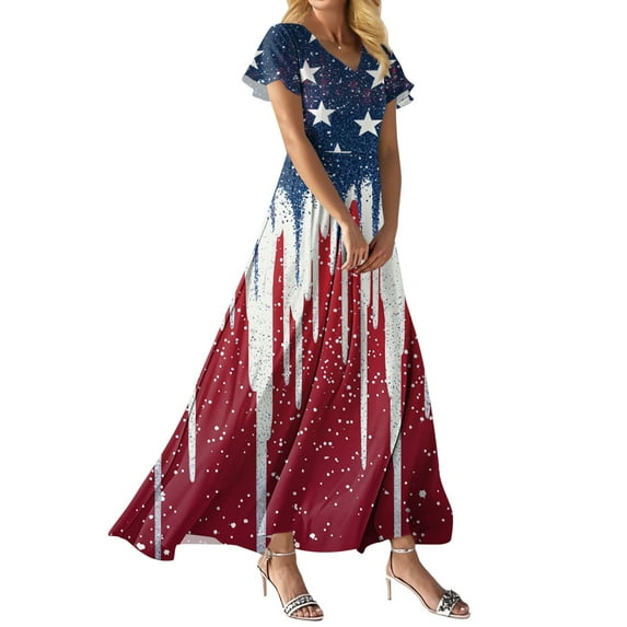 Women's 4th of July Patriotic Dress, Women Loose Fit V-Neck Short Sleeve Dress, Sexy Independence Day American Flag Printed Maxi Dress,Wine S