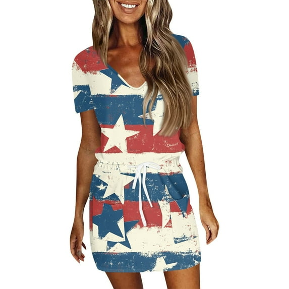 Women's 4th of July Patriotic Dress, Women Sexy V-Neck Short Sleeve Mini Dress, Independence Day American Flag Printed Summer Sundress,Blue L
