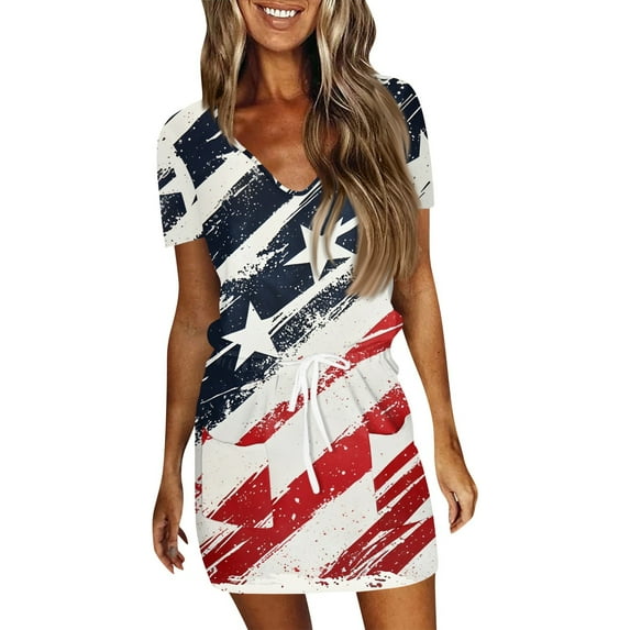Women's 4th of July Patriotic Dress, Women Sexy V-Neck Short Sleeve Mini Dress, Independence Day American Flag Printed Summer Sundress,Royal Blue M