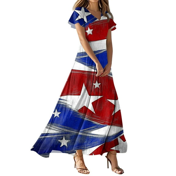 Women's 4th of July Patriotic Dress, Women Summer V-Neck Short Sleeve Dress, Independence Day American Flag Printed Sundress,Blue XS