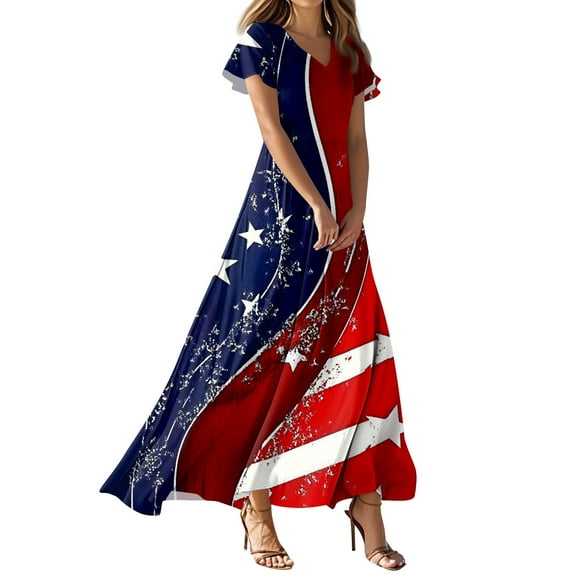 Women's 4th of July Patriotic Dress, Women Summer V-Neck Short Sleeve Dress, Independence Day American Flag Printed Sundress,Red XS