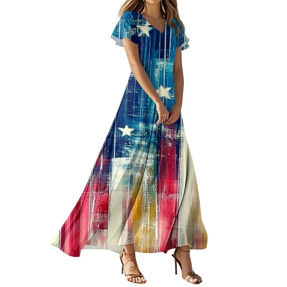 Women's 4th of July Patriotic Dress, Women Summer V-Neck Short Sleeve Dress, Independence Day American Flag Printed Sundress,Royal Blue M