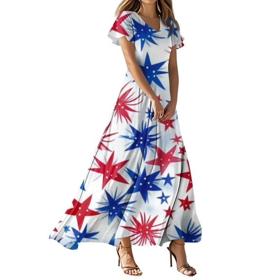Women's 4th of July Patriotic Dress, Women Summer V-Neck Short Sleeve Dress, Independence Day American Flag Printed Sundress,Sky Blue XL