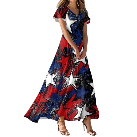 Women's 4th of July Patriotic Dress, Women Summer V-Neck Short Sleeve Dress, Independence Day American Flag Printed Sundress,Vermilion M