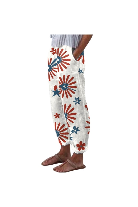 Women's 4th of July Patriotic Pants Star Printed Loose Fit Casual Trousers USA 250th Anniversary Summer Lounge Slacks S