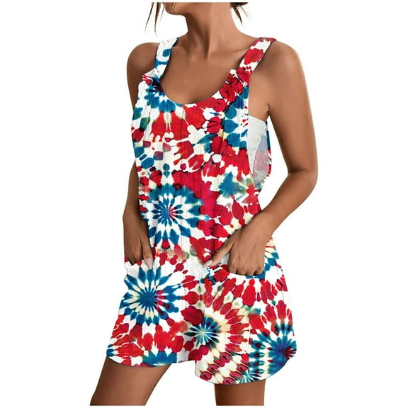 Women's 4th of July Romper - Floral Stars Print Adjustable Straps