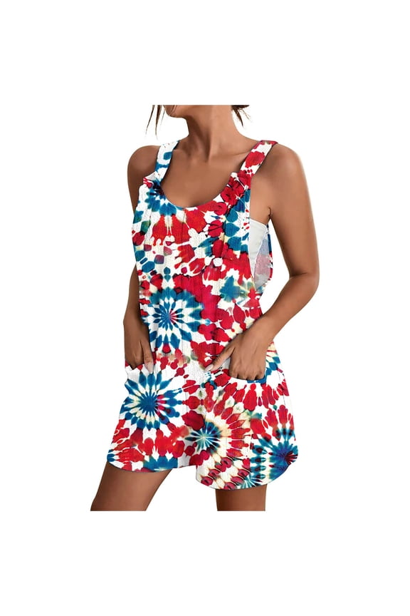 Women's 4th of July Romper - Floral Stars Print Adjustable Straps