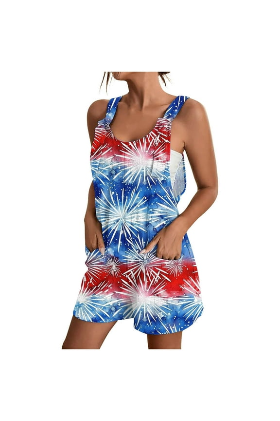Women's 4th of July Romper - Floral Stars Print Adjustable Straps