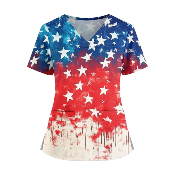 Women's 4th of July Scrub Tops - 250th Anniversary USA Modern Classic Shirt with Pockets, Instrument Loop & Fade Resistant Fabric 02-Red 4XL