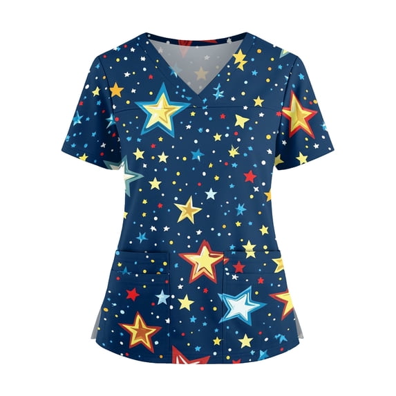 Women's 4th of July Scrub Tops - 250th Anniversary USA Modern Classic Shirt with Pockets, Instrument Loop & Fade Resistant Fabric 02-Royal Blue XL