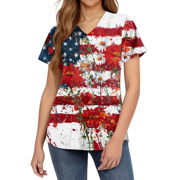 Women's 4th of July Scrubs Top Plus Size Short Sleeve V-Neck Flag and Flower Print Working Uniform Tops