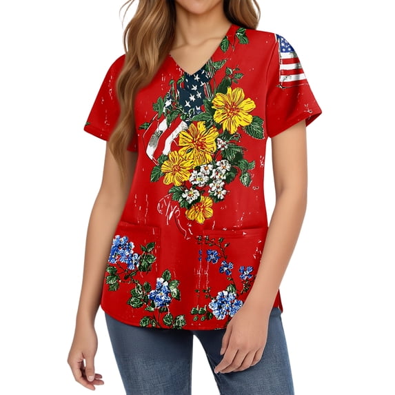 Women's 4th of July Scrubs Top Plus Size Short Sleeve V-Neck Flag and Flower Print Working Uniform Tops