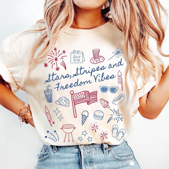 Women’s 4th of July Shirt, Cute Doodle Patriotic Mama Tee, Independence Day T-Shirt, USA Fourth of July Top