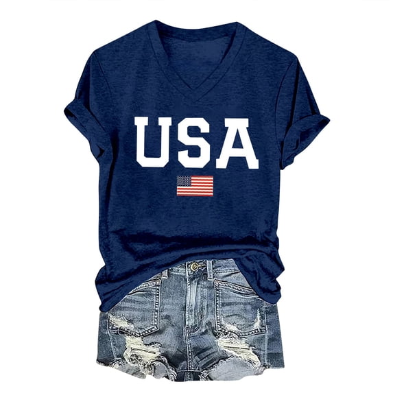 Women's 4th of July T-Shirt American Flag Print V-Neck Tops Patriotic Independence Day Blouse 2026 Summer Casual Tee