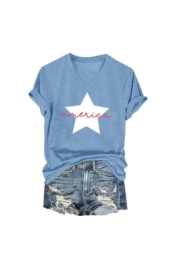 Women's 4th of July T-Shirt American Flag Print V-Neck Tops Patriotic Independence Day Blouse 2026 Summer Casual Tee