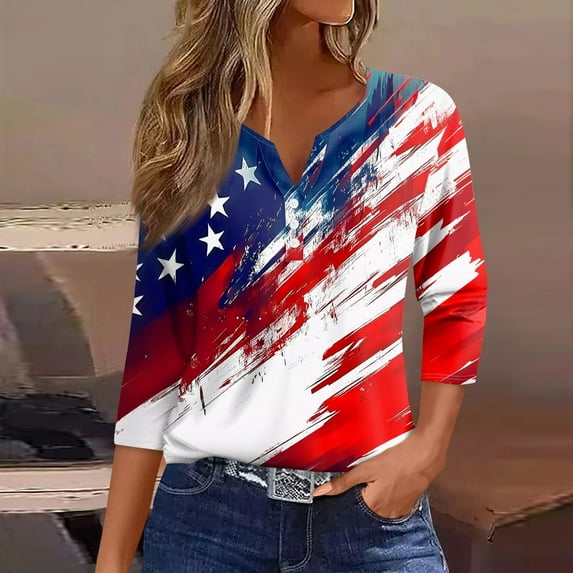 SAATLERI 4th Of July Shirts for Women 3/4 Length Sleeve Womens Tops Funny American Flag Red White Blue Stripes Graphic Print Blouses Button Down V Neck Tunic Tops