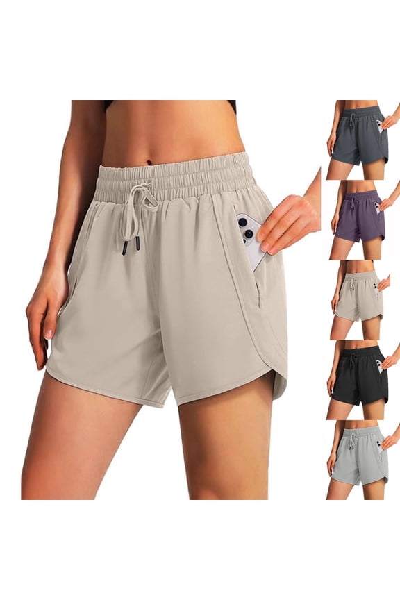 Women's 5" Athletic Running Shorts Quick Dry Lightweight Workout Gym Shorts with Zipper Pockets UPF 50+, Khaki S