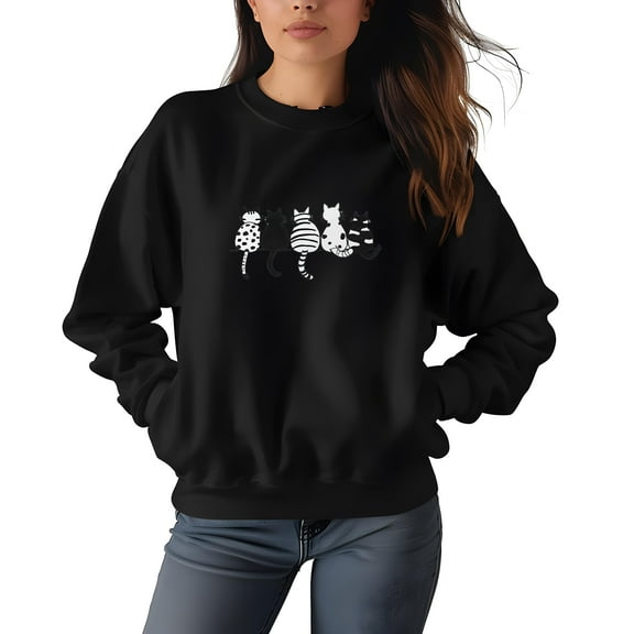 Women's 5 Cats Print Sweatshirt Letter Print Sweatshirt 1 Pcs Graphic Casual Pullover Sweatshirts - Comfortable Crew Neck, Soft Casual Tops