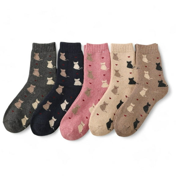 Women's 5-Pack Assorted Patterned Thick Knit Socks with Plaid and Holiday Prints - Cats