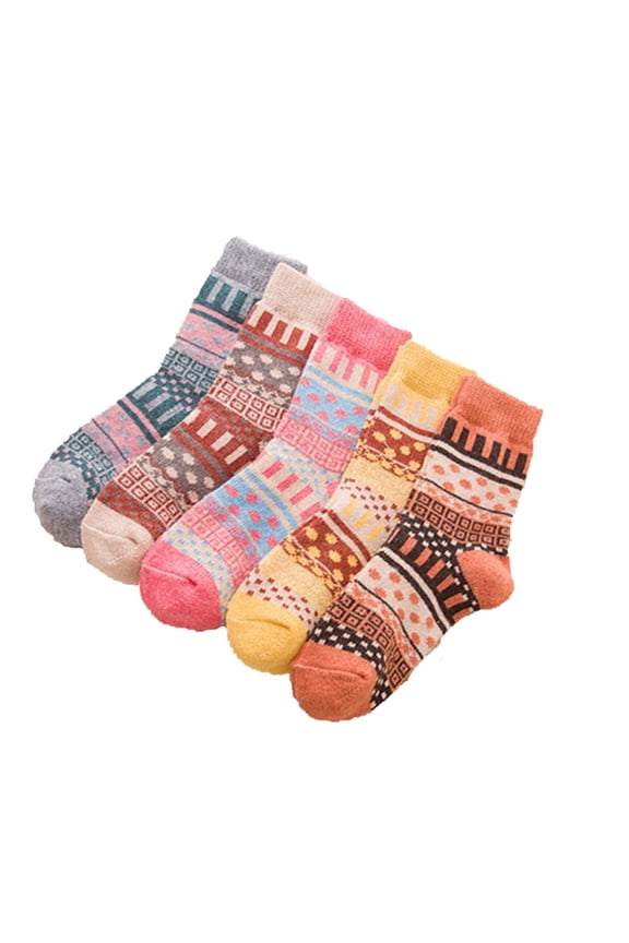Women's 5-Pack Color Block Wool Socks Mid-Calf Thickened Thermal Cold Weather Socks Cozy Warm Soft Winter Essential Bundle Set