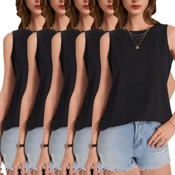 Women's 5 Pack Crew Neck Tank Tops - Loose Fit Sleeveless Summer Beach Shirts Casual Outfits