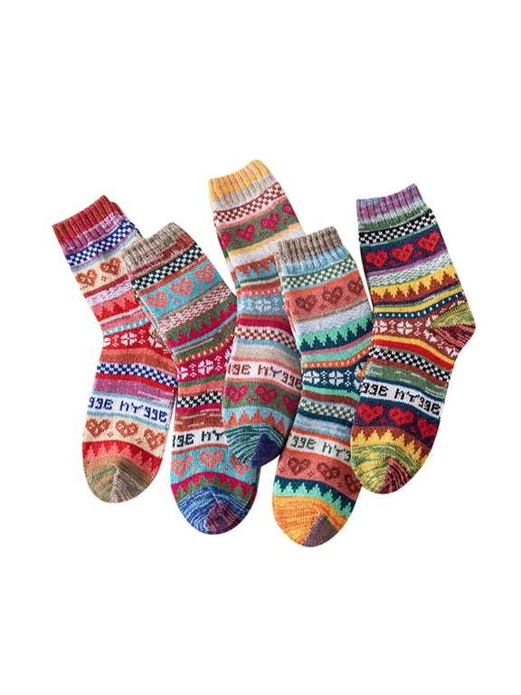 Women's 5-Pack Mid Calf Socks Knit Vintage Graphic Socks Cozy Winter Mid Calf Socks