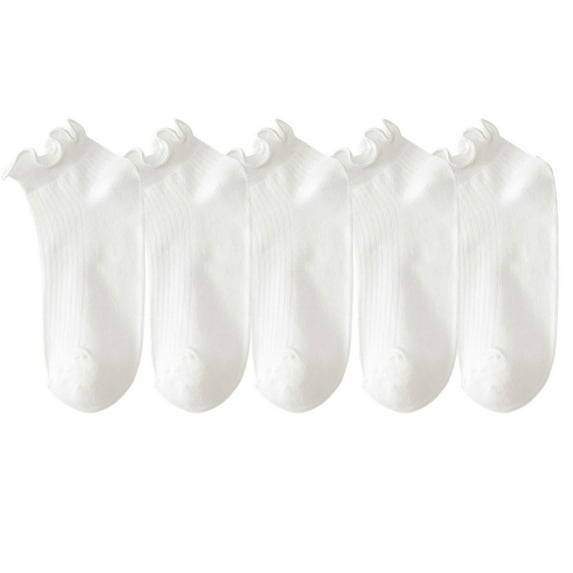 Women's 5-Pack Ribbed Ankle Socks with Ruffle Lettuce Trim Soft Stretch Cotton Cute Everyday Style, 5 PK-White