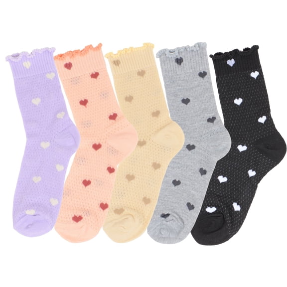 Women's 5-Pair Set Frilly Crew Socks with Heart Pattern and Ruffle Trim Breathable Knit Design for Flats or Loafers - 5 pairs-A