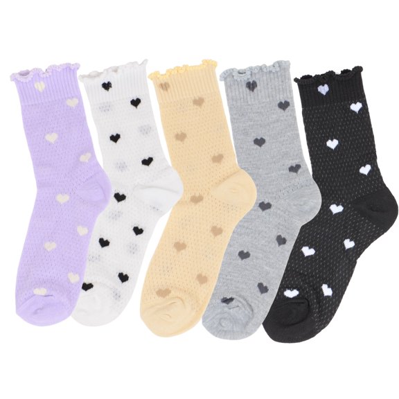 Women's 5-Pair Set Frilly Crew Socks with Heart Pattern and Ruffle Trim Breathable Knit Design for Flats or Loafers - 5 pairs-B