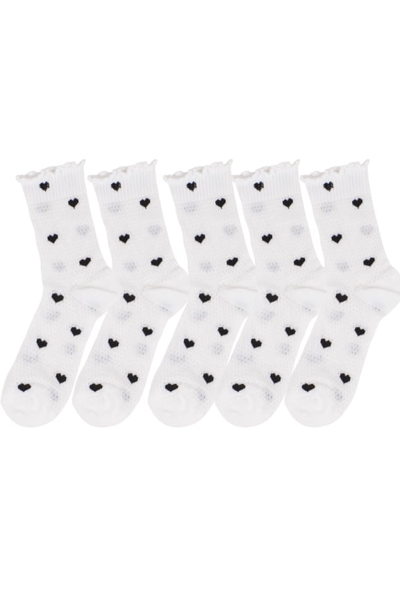 Women's 5-Pair Set Frilly Crew Socks with Heart Pattern and Ruffle Trim Breathable Knit Design for Flats or Loafers - 5 pairs-E