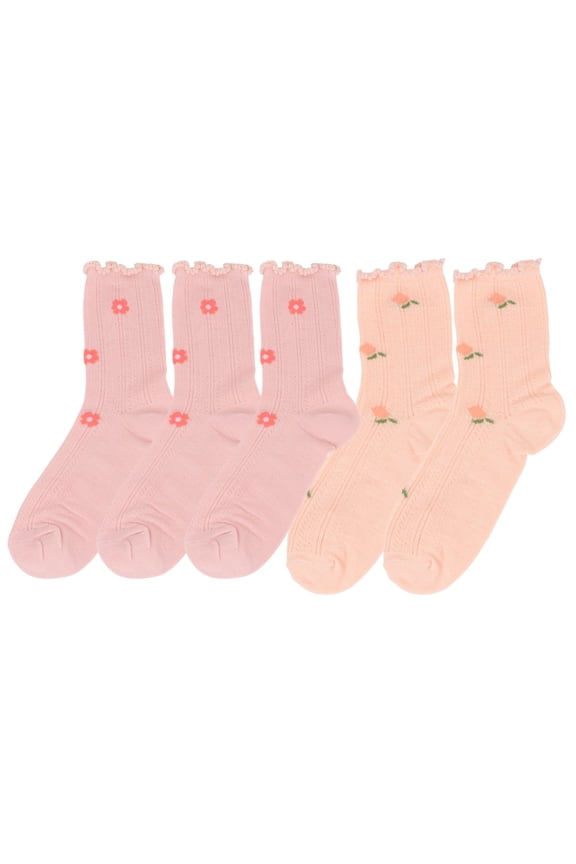 Women's 5-Pair Set Ruffle Ankle Socks with Floral Embroidery and Breathable Knit Design for Flats or Mary Janes - 5 pairs-C