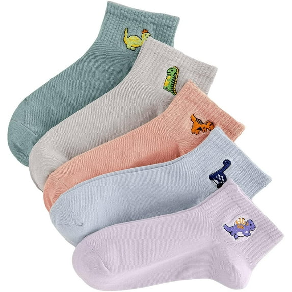 Women's 5 Pairs Flower Embroidery Toe seamed Soft Crew Socks